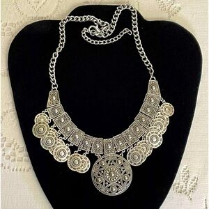 Express Necklace Ancient Egyptian Style Silver Tone Dangling Coins Statement